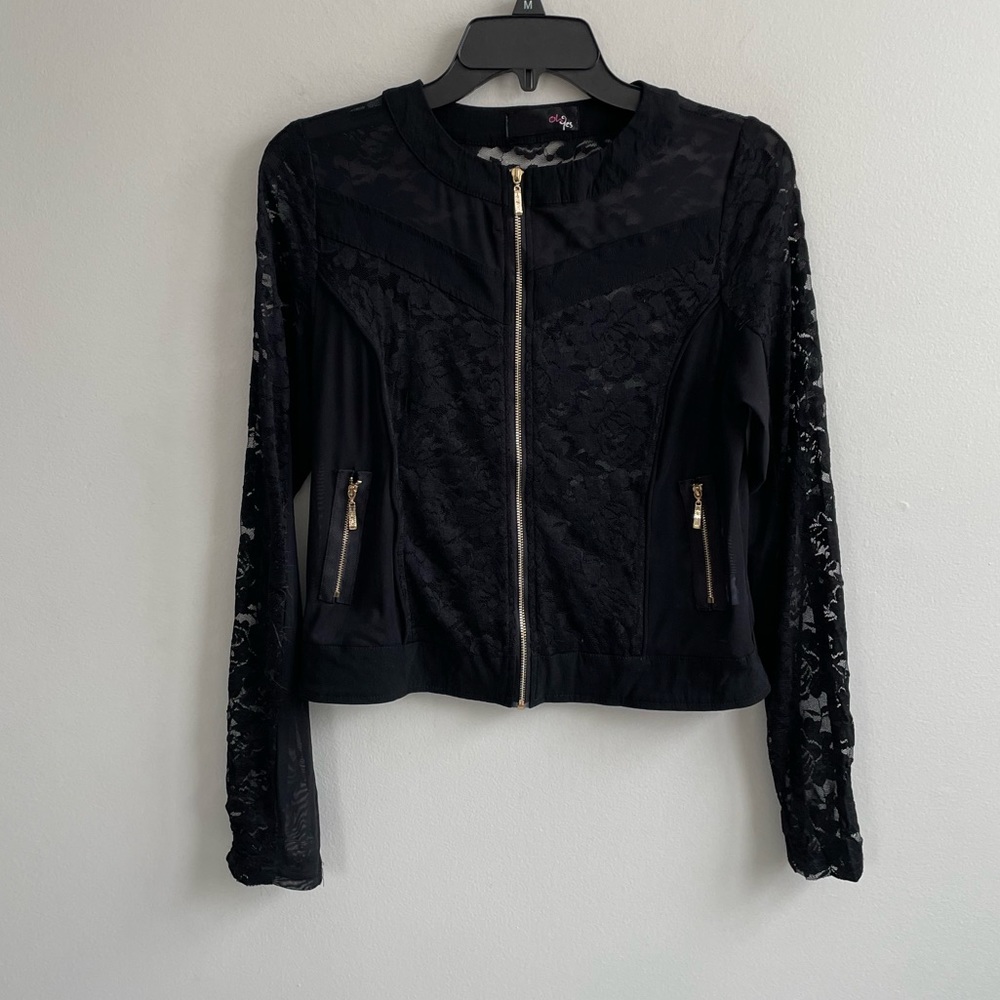 BLACK LONG SLEEVE ZIP UP JACKET LACE SHEER GOLD ZIPPER STRETCH OH YES